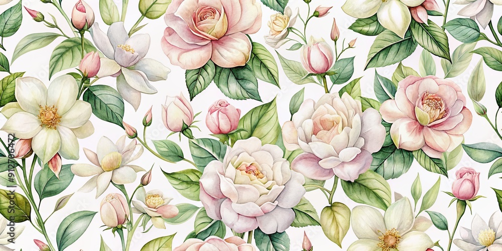 Poster delicate watercolor illustrations of jasmine and roses in soft pastel hues, arranged in a seamless r