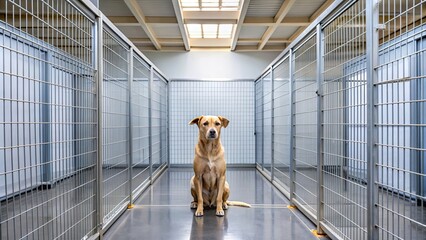 Lonely dog abandoned in an enclosed kennel , neglected, sad, abuse, forgotten, deserted, animal cruelty, rescue, alone