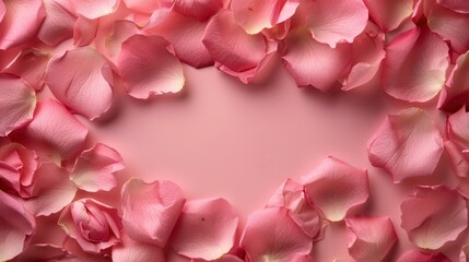 Pink Rose Petals Bordering a Pink Background, Creating a Romantic and Elegant Composition for Wedding Invitations, Valentine's Day Cards, and Other Special Occasions.