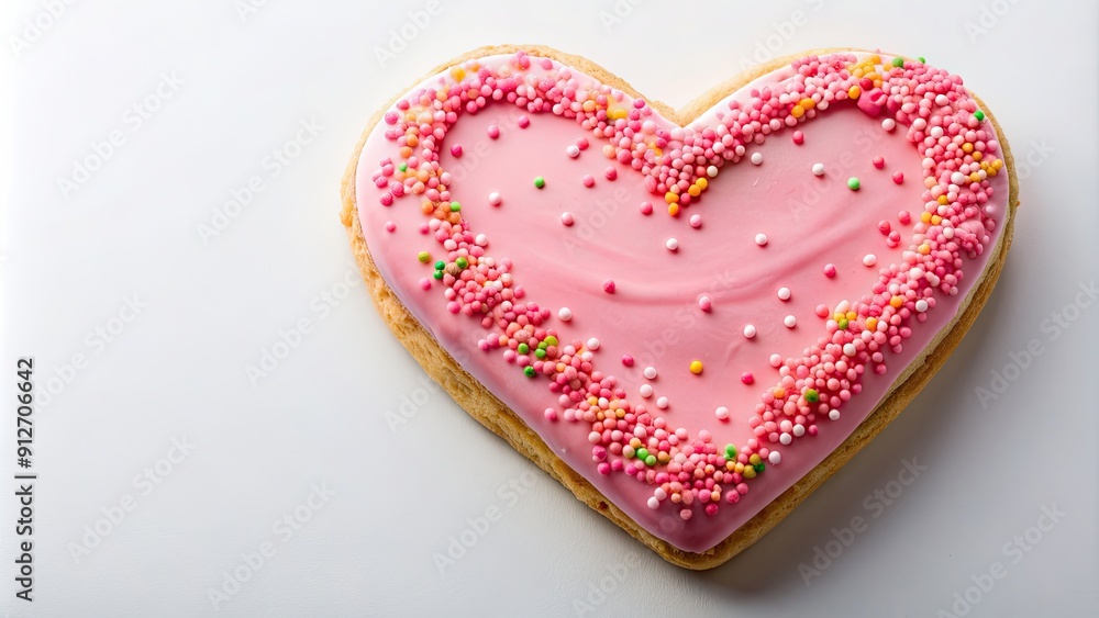 Wall mural Heart shaped cake with pink frosting and sprinkles on a white background , dessert, celebration, valentine's day, love