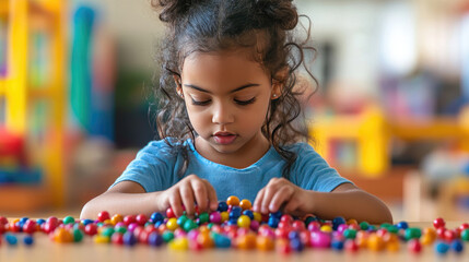 Preschool Girl Learning and Playing. Preschool Girl Sorting Beads
