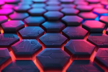 Obraz premium Floating hexagons in a dark space with neon edges, 3d-background-with-hexagons, modern and dynamic visual