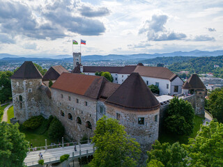 Aerial view of Ljubljana Castle in Slovenia shot with a drone