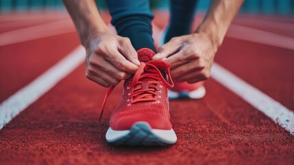 Runner tying the laces of a sleek, stylish running shoe on a track, emphasizing preparation and focus, sports readiness