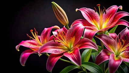 Obraz premium Close up of vibrant lily stargazers on black background, lily, stargazers, flowers, close up, studio, vibrant, black background