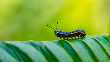 A large green caterpillar is crawling on a leaf