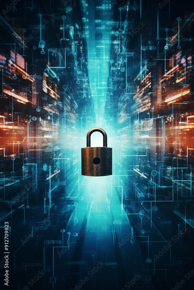 Poster intricate security system representation a detailed view of a metallic lock placed on a high-tech di