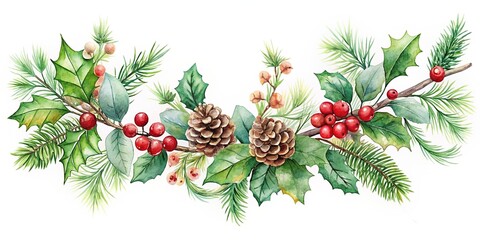 Delicate watercolor Christmas garland clipart featuring festive holly, mistletoe, and pinecones in soft, blended colors on a clean white background, perfect for holiday designs.