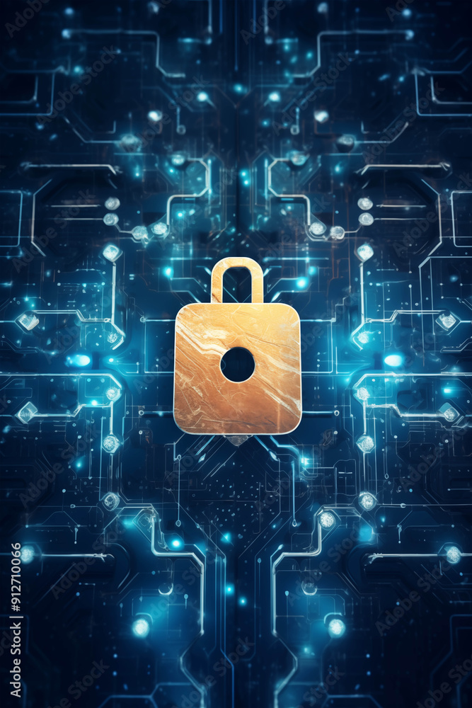 Poster intricate security system representation a detailed view of a metallic lock placed on a high-tech di