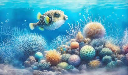 Watercolor painting of a white-spotted puffer fish swimming in a colorful coral reef