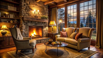 Inviting living room with crackling fireplace, plush armchair, and warm lighting, perfect for relaxing and unwinding in comfort and style on a chilly evening.