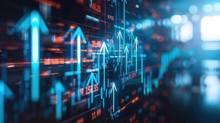 Fototapeta premium Stock market trends, neon blue arrows, hightech financial graphs, futuristic design