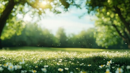Fototapeta premium Bright sunbeams shining through green trees onto a lush meadow filled with small white wildflowers on a sunny spring day.