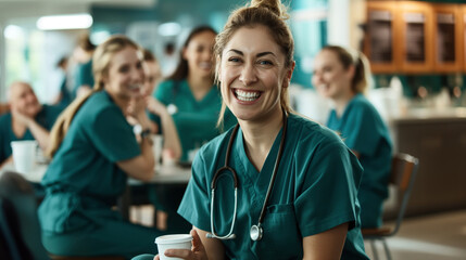 A group of healthcare professionals in green scrubs are socializing and smiling while taking a break. The focus is on a woman in the foreground holding a cup.