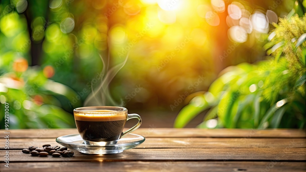 Poster Warm tone espresso coffee on wooden table with blurry garden background in the morning, coffee, cup, wooden table, garden