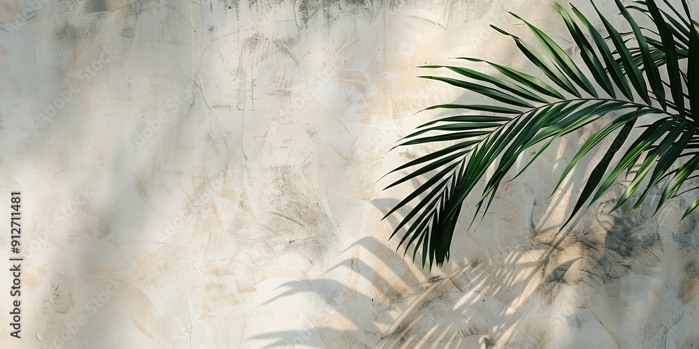 Poster palm shadow on textured background with light effect.