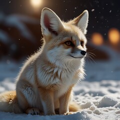 Obraz premium close up, high detail, 8k, realistic, cute little Fennec fox, white fur, looking at the camera, majestic sitting posture,