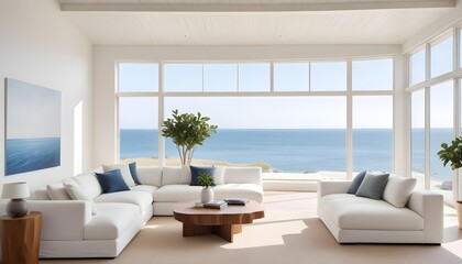Fototapeta premium A bright and airy living room with a large window overlooking the ocean. The room features a white sectional sofa, a wooden coffee table, and a potted plant on the table.
