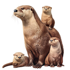 a family of otters, water animal, realistic illustration, isolated on transparent background