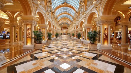 Obraz premium Grand Hallway with Ornate Columns and Patterned Tile Floor