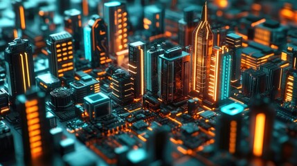 Obraz premium Neon-lit circuit boards creating a cityscape