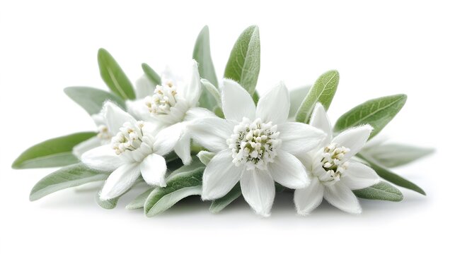 swiss mountain edelweis plant Anaphalis javanica with stem and green leaves isolated white background