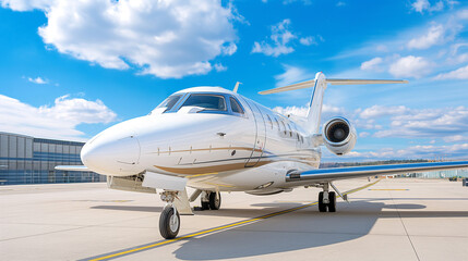 Business private jet airplane parked at terminal. Luxury tourism and business travel transportation concept. 