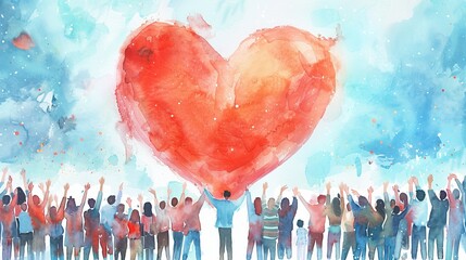 Colorful crowd under a large watercolor heart.