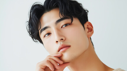 若くてかっこいいアジア人男性が顎に指で触る仕草をしているポートレート/日本・韓国・中国