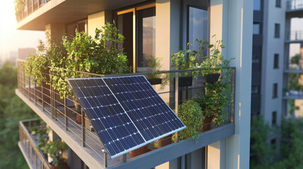 Fototapeta premium Balcony Solar Power Station in Multifamily Building, Promoting Eco-Friendly Living