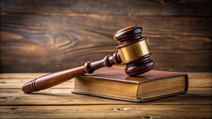 Wooden judge gavel resting on a book on a desk , justice, law, legal, courtroom, judgement, authority, wooden, book, desk