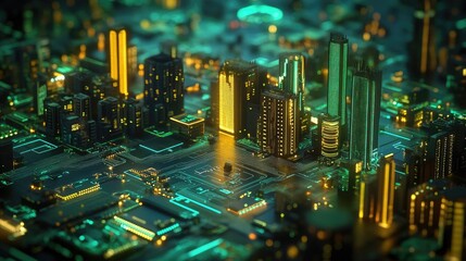 Neon-lit circuit boards creating a cityscape