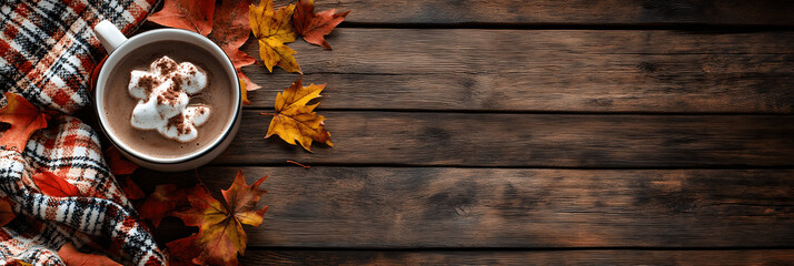 Autumn background with copy space for text, cozy setup, warm plaid blanket, hot cocoa, scattered leaves. Fall season background, card, banner