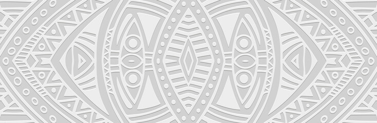 Fototapeta premium Banner, cover design. Embossed geometric unique boho 3D pattern on a white background, embossed. Ethnic ornaments, arabesques, handmade. Exotic motifs of the East, Asia, India, Mexico, Aztec, Peru.
