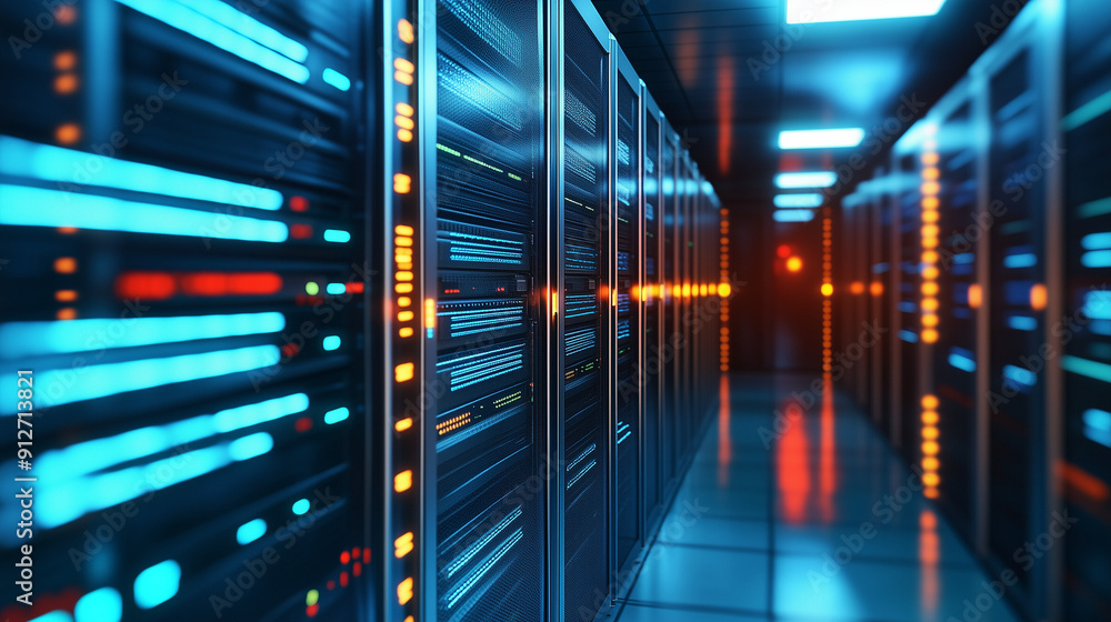 Poster A close up 3D render of rows of server suits in a futuristic data center interior, highlighting the concept of cyber security technology and cloud computing. This abstract digital background showcases