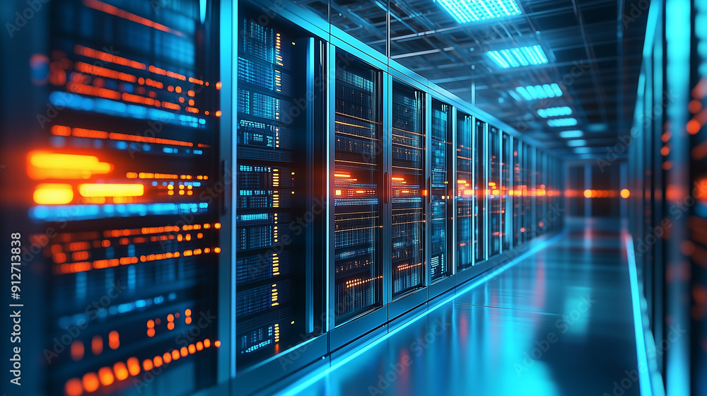 Poster A close up 3D render of rows of server suits in a futuristic data center interior, highlighting the concept of cyber security technology and cloud computing. This abstract digital background showcases