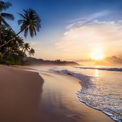 A quiet beach at sunrise with palm trees and gentle waves