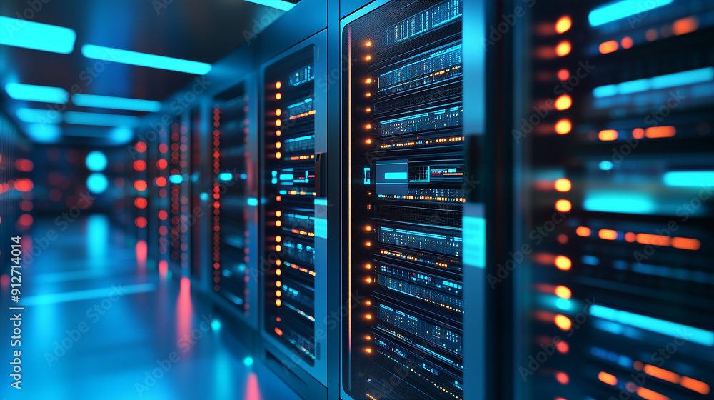 Leinwandbilder A close up 3D render of rows of server suits in a futuristic data center interior, highlighting the concept of cyber security technology and cloud computing. This abstract digital background showcases
