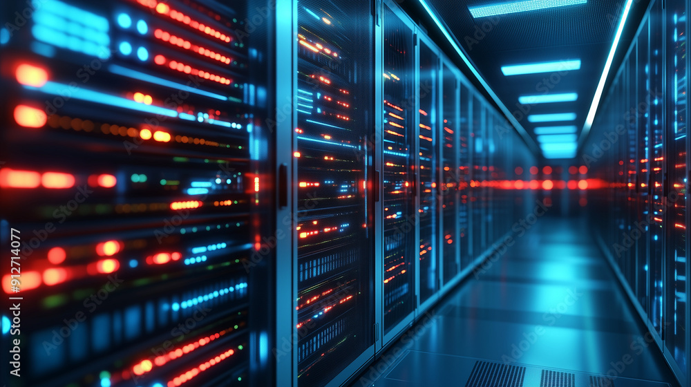 Fototapete A close up 3D render of rows of server suits in a futuristic data center interior, highlighting the concept of cyber security technology and cloud computing. This abstract digital background showcases