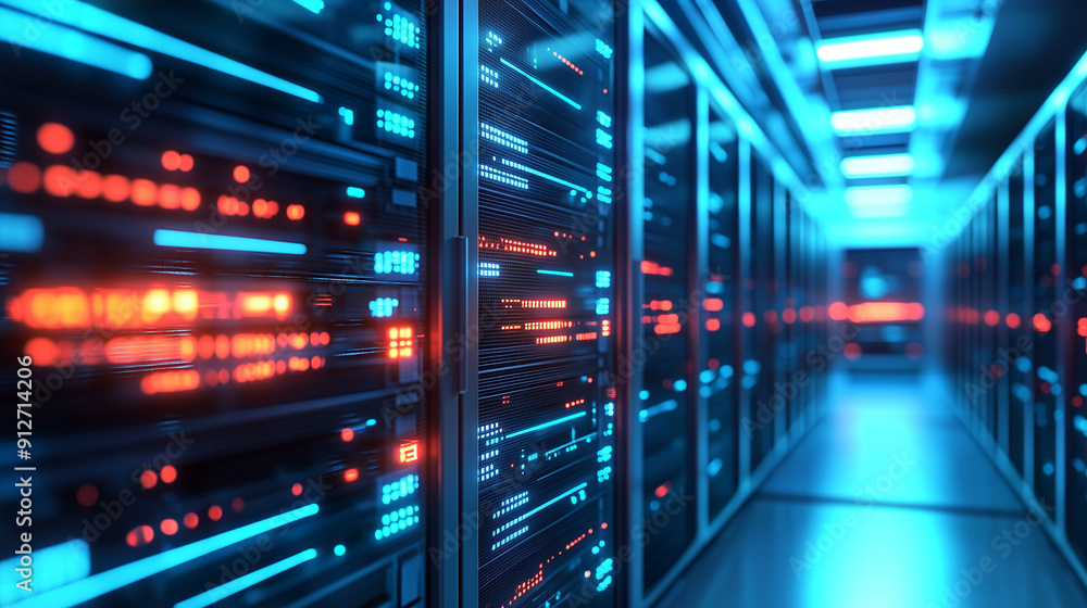 Fototapete A close up 3D render of rows of server suits in a futuristic data center interior, highlighting the concept of cyber security technology and cloud computing. This abstract digital background showcases