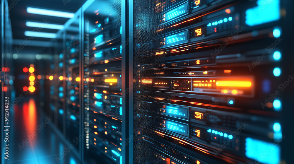 Poster A close up 3D render of rows of server suits in a futuristic data center interior, highlighting the concept of cyber security technology and cloud computing. This abstract digital background showcases