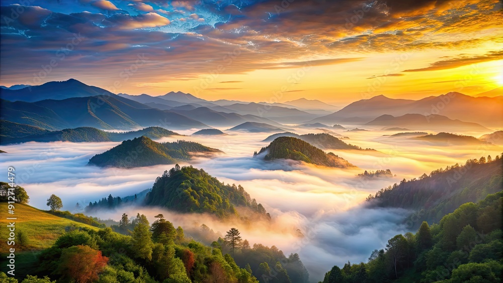 Canvas Prints Serene mountain landscape at dawn with mist rising from valleys below, mountain, landscape, serene, dawn, mist, valleys, scenic