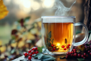 Herbal Tea With Autumn Berries in a Serene Setting  