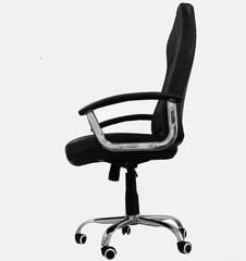 one office chair from black leather. Isolated on white background. Office chair or desk chair....