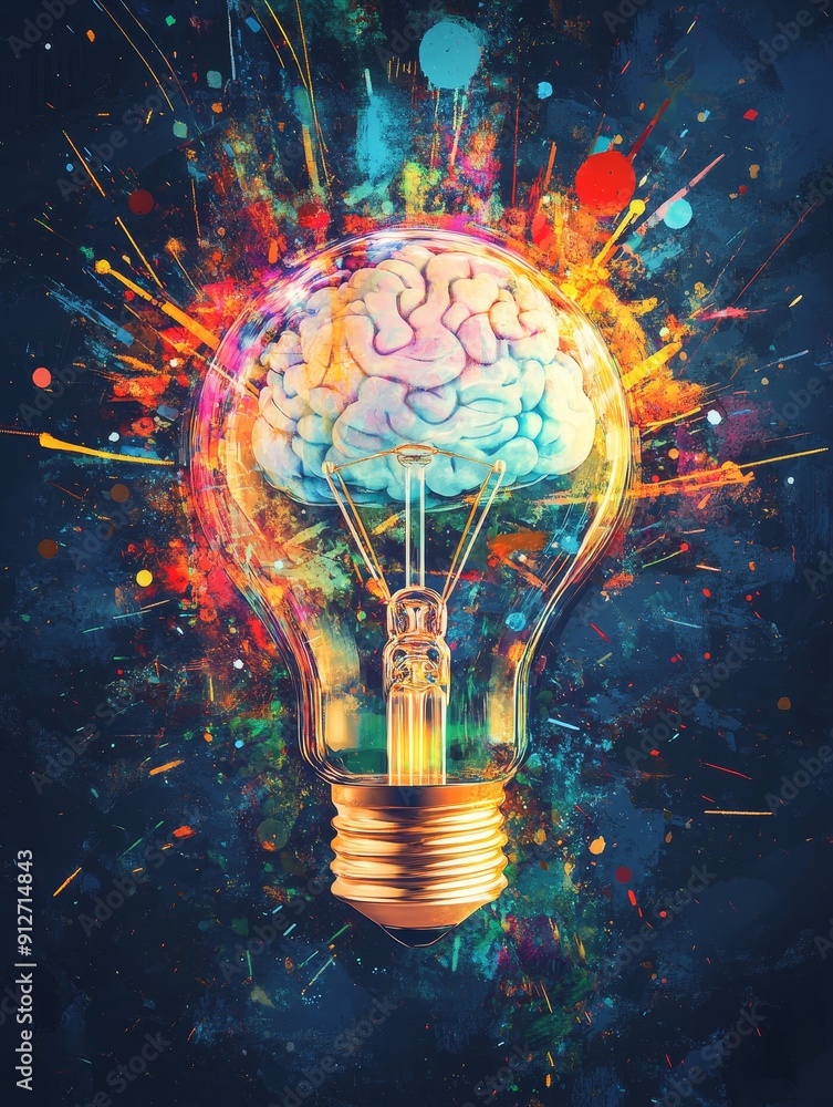 Wall mural brain power: the lightbulb of creativity - a vibrant illustration depicting a human brain inside a l