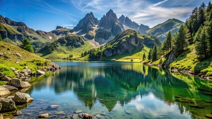 Beautiful mountain lake surrounded by lush greenery and rocky peaks in the Pyr?n?es of France , Lac d'O?, Pyr?n?es, France