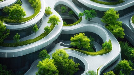 University campus with abstract architecture and green spaces