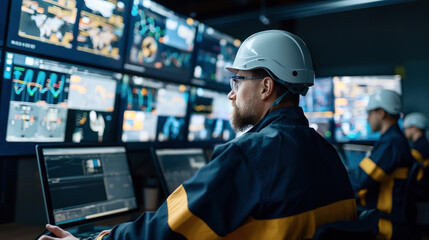 Engineers in helmets working in an operations center with multiple monitors displaying data and graphs.