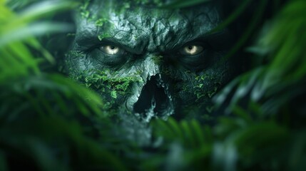 An eerie figure with hollow eyes, emerging from the shadows of the dense jungle at dusk