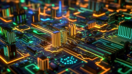 Obraz premium Neon-lit circuit boards creating a cityscape
